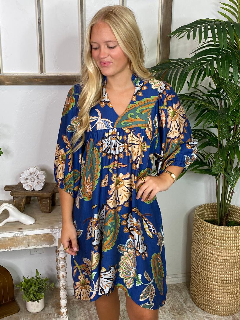 Navy Boho Floral Babydoll Dress