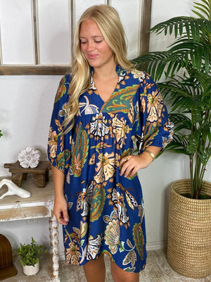 Navy Boho Floral Babydoll Dress
