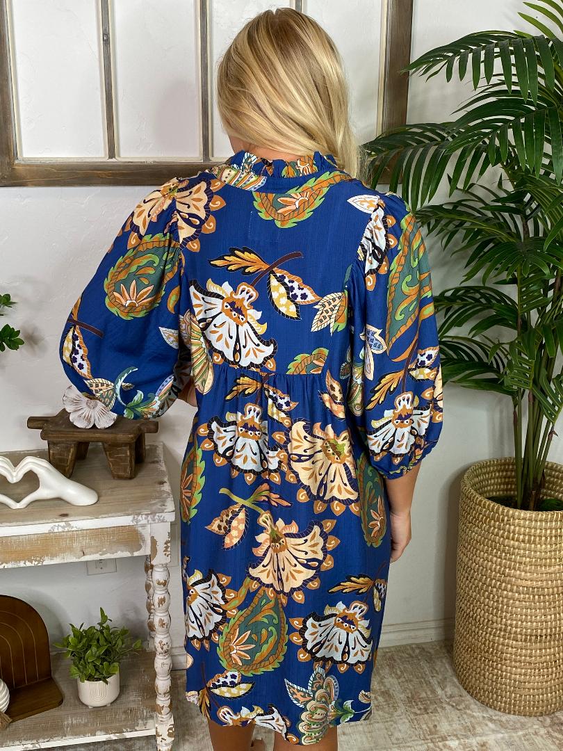 Navy Boho Floral Babydoll Dress