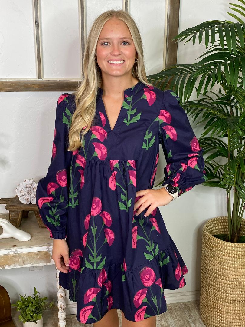 Navy Mix Floral Tiered Dress S-2XL