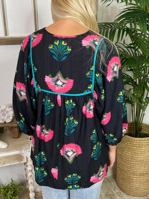 Black and Hot Pink Floral Blouse S-2XL