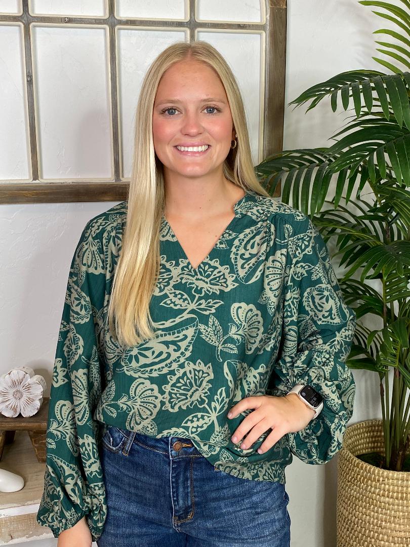 Green and Cream Floral Top S-2XL