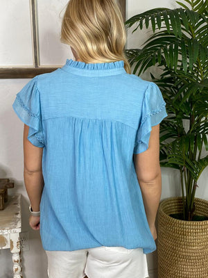 V-Neck Top with Scalloped Trim Details in 3 Colors S-2XL