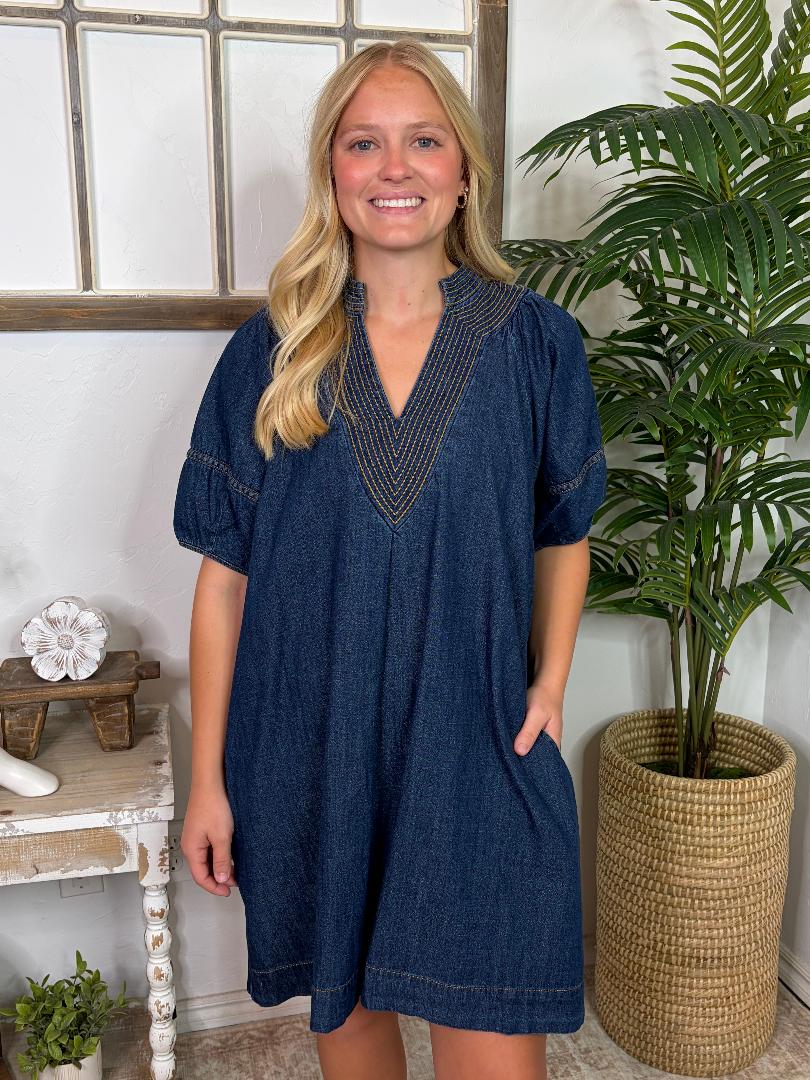 Dark Denim Dress with Contrast Thread Detail  S-2XL