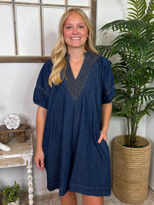 Dark Denim Dress with Contrast Thread Detail  S-2XL
