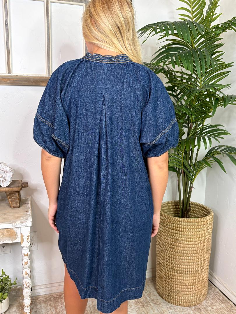 Dark Denim Dress with Contrast Thread Detail  S-2XL