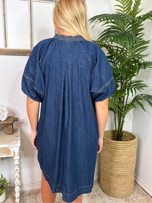 Dark Denim Dress with Contrast Thread Detail  S-2XL