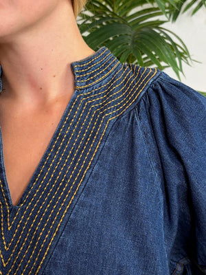 Dark Denim Dress with Contrast Thread Detail  S-2XL