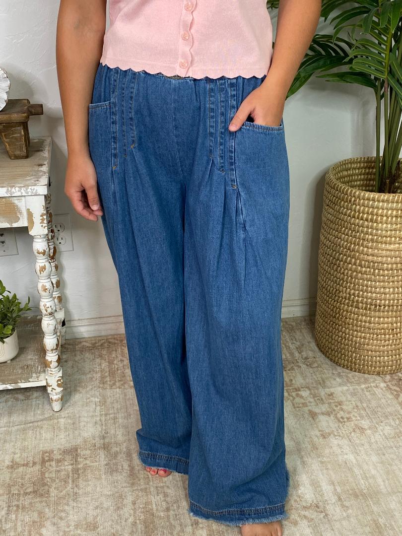 Stone Washed Pleated Wide Leg Pants