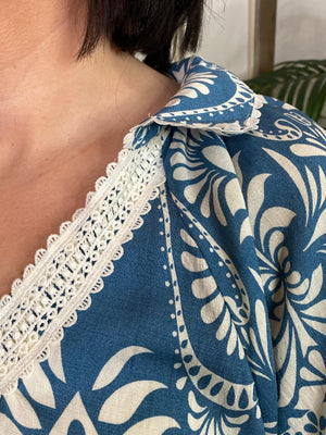 Blue and Cream Floral Blouse with Lace Trim S-2XL
