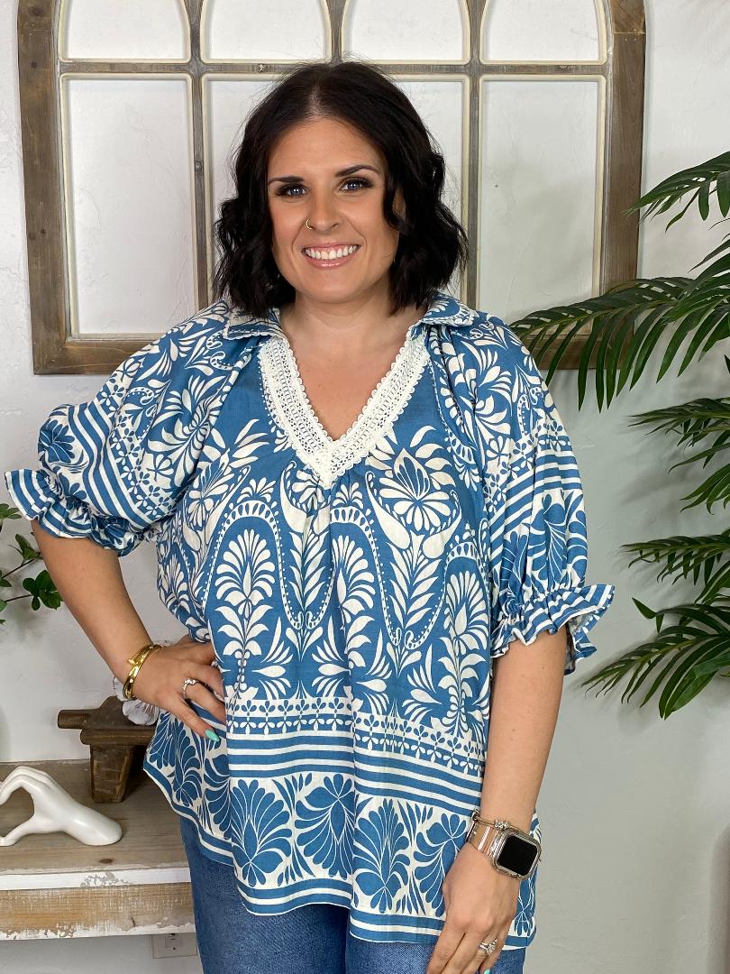 Blue and Cream Floral Blouse with Lace Trim S-2XL