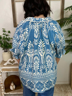 Blue and Cream Floral Blouse with Lace Trim S-2XL