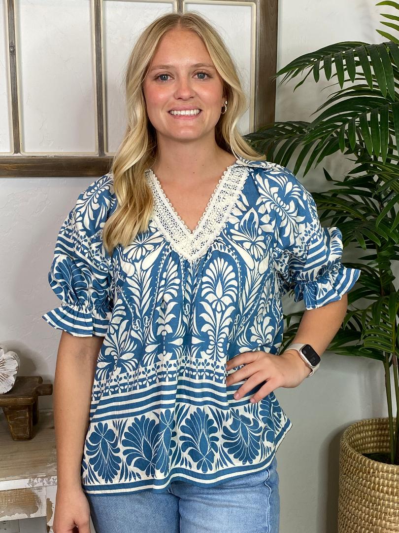 Blue and Cream Floral Blouse with Lace Trim S-2XL