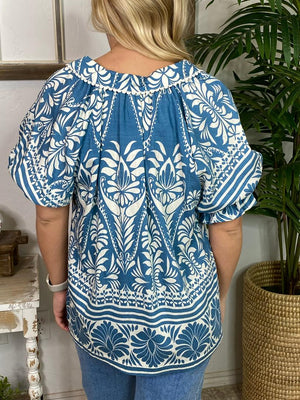 Blue and Cream Floral Blouse with Lace Trim S-2XL