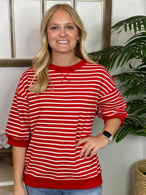 Red and White Striped 3/4 Sleeve Tee