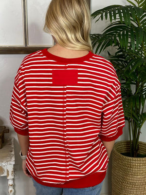 Red and White Striped 3/4 Sleeve Tee