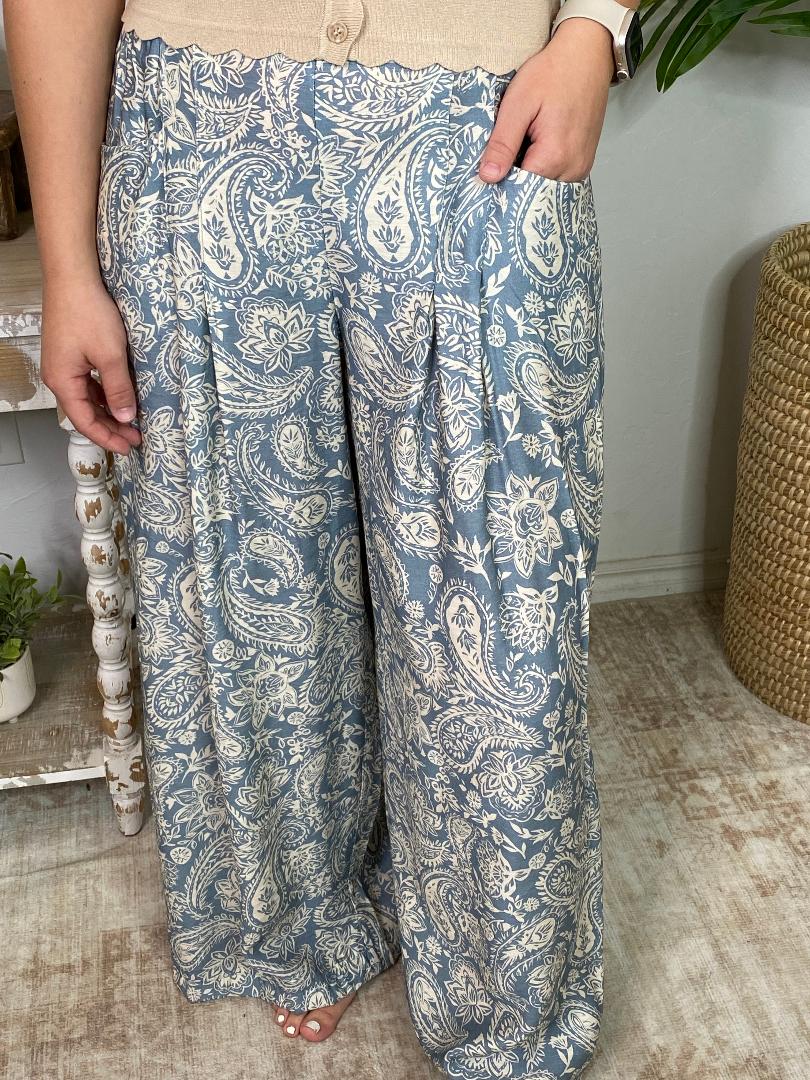 Light Blue and Cream Paisley Wide Leg Pants