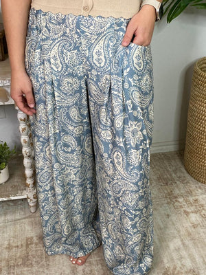 Light Blue and Cream Paisley Wide Leg Pants