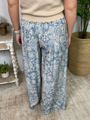 Light Blue and Cream Paisley Wide Leg Pants