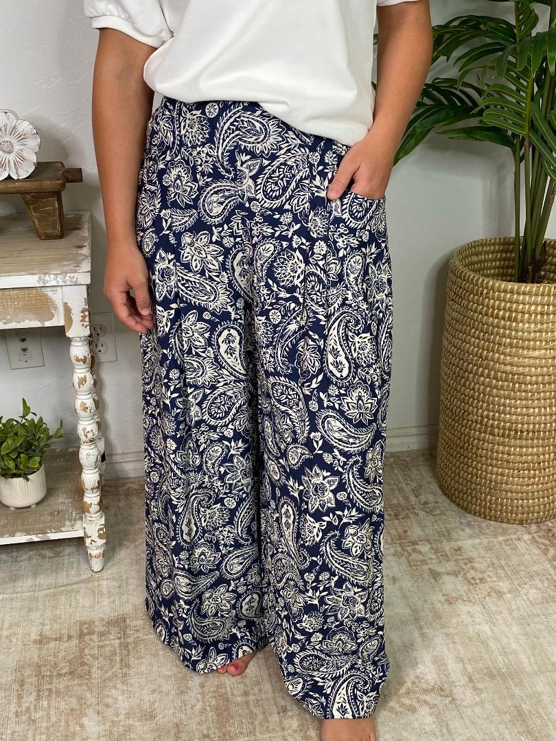 Navy and Cream Paisley Wide Leg Pants