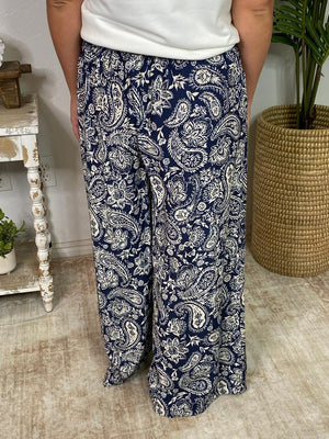 Navy and Cream Paisley Wide Leg Pants