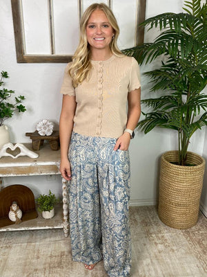 Light Blue and Cream Paisley Wide Leg Pants