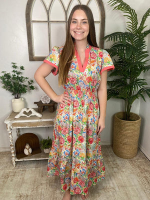 Bright Floral Maxi Dress with Coral Trim