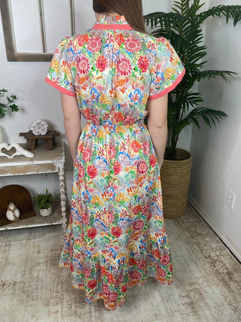 Bright Floral Maxi Dress with Coral Trim