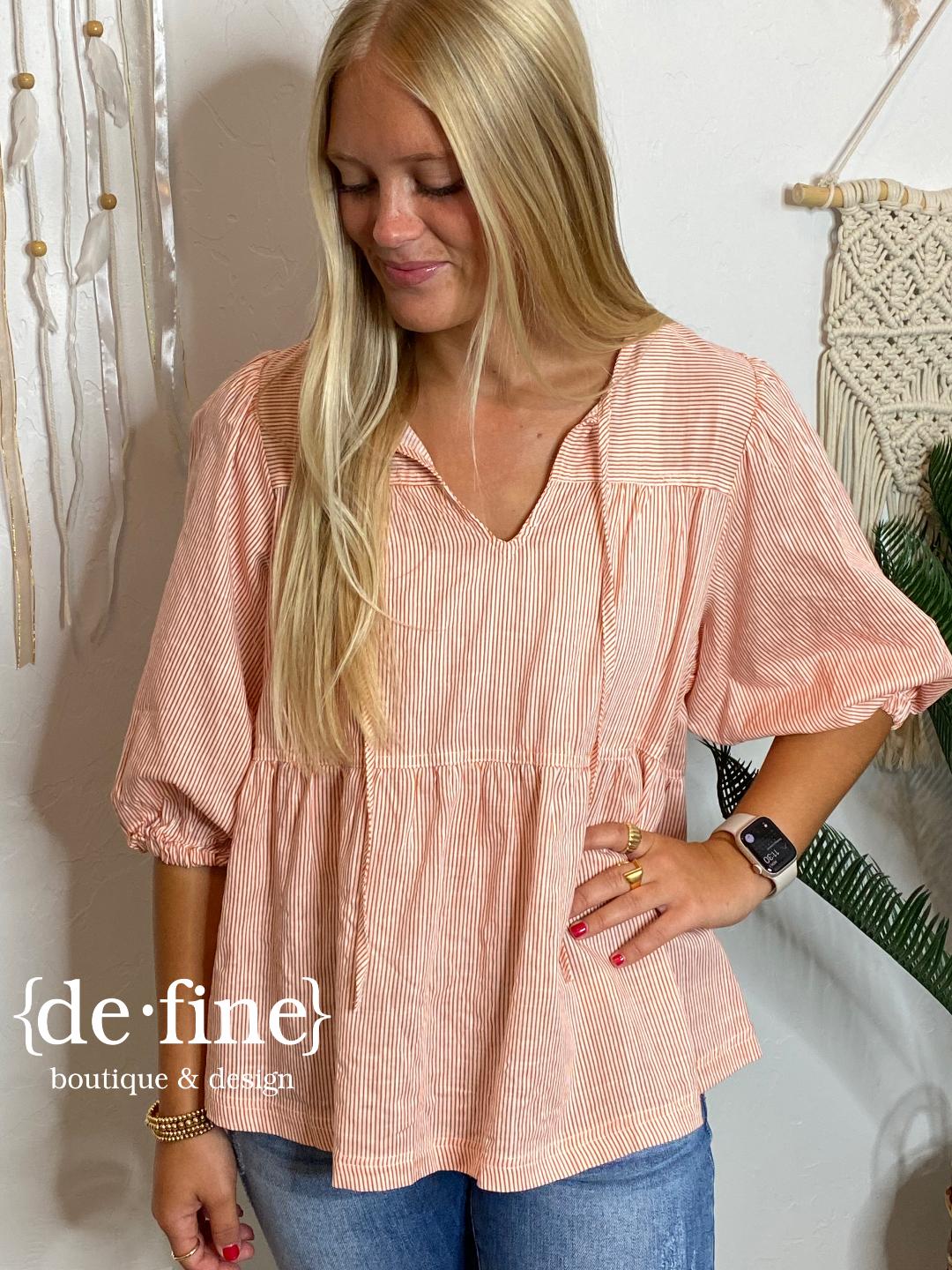 Orange and White Mini Striped V-Neck Blouse