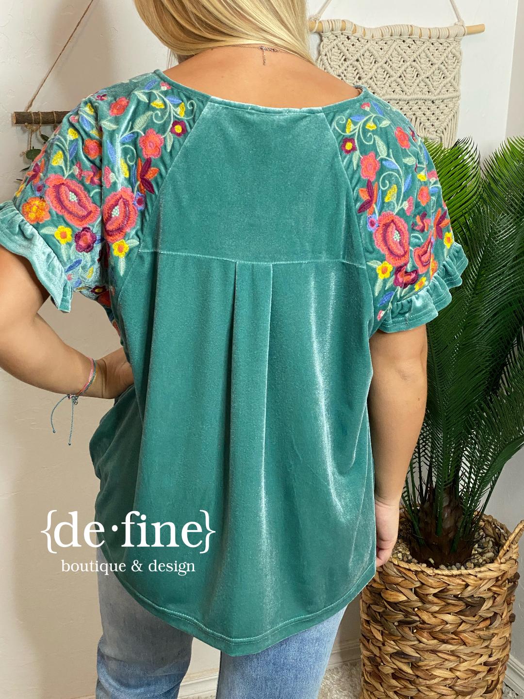 Dusty Mint Velvet Top with Embroidered Sleeves