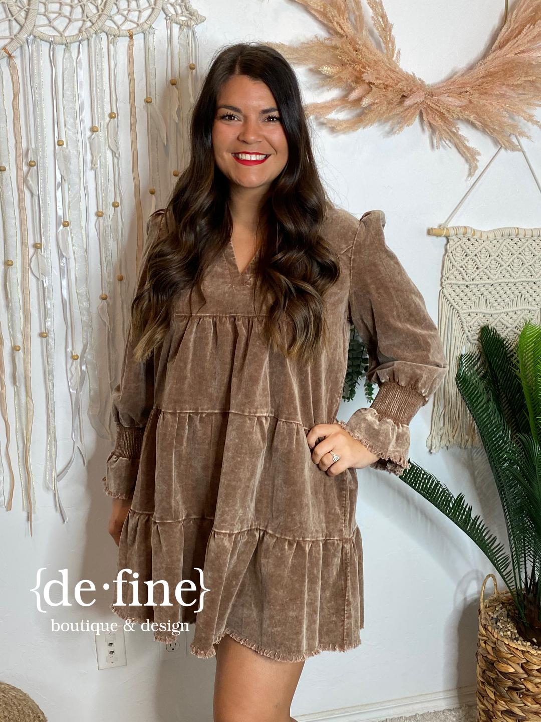 Mocha or Clay Corduroy V-Neck Babydoll Dress in Regular & Curvy