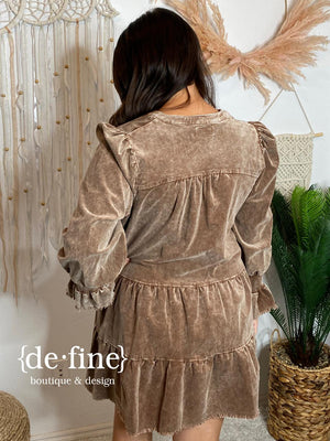 Mocha or Clay Corduroy V-Neck Babydoll Dress in Regular & Curvy