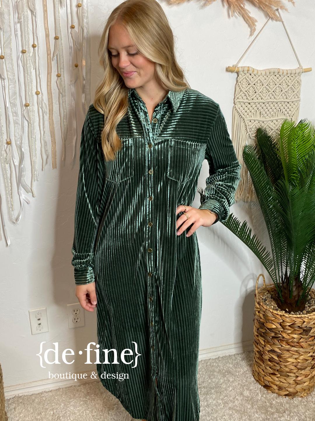 Dark Sage Velvet Maxi Button Up Dress