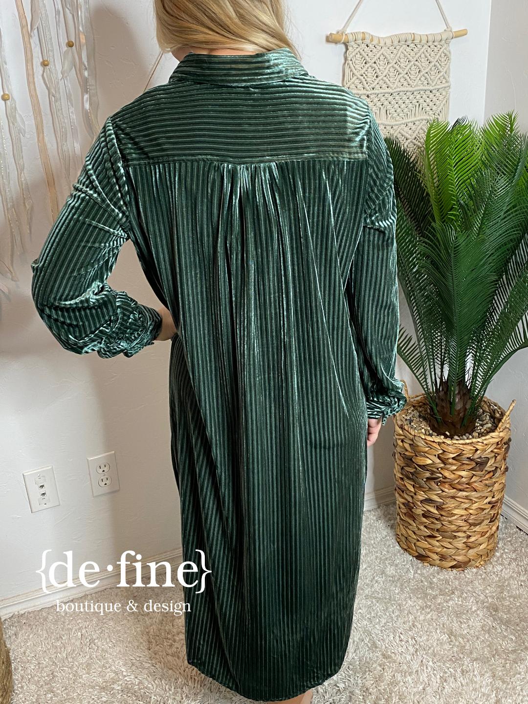 Dark Sage Velvet Maxi Button Up Dress