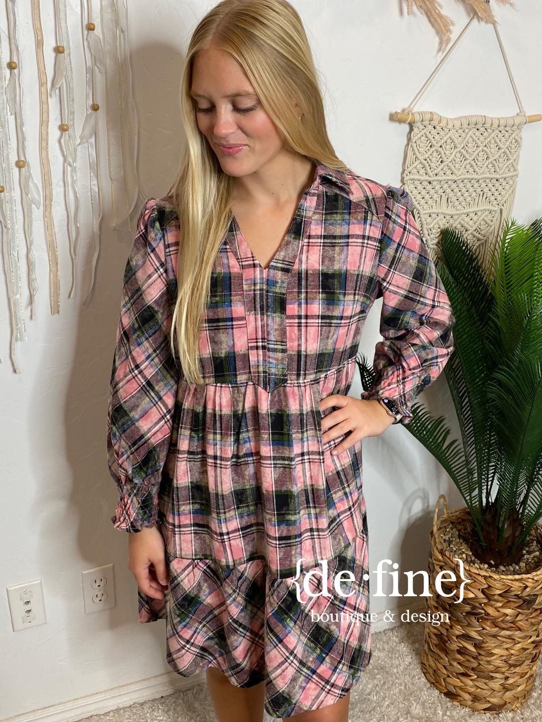 Pink Black Multi Washed Flannel Babydoll Dress