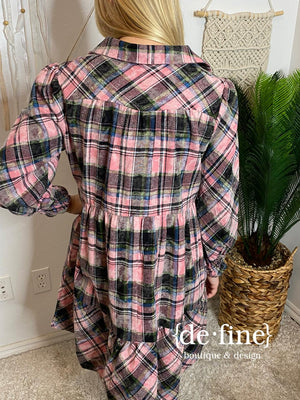 Pink Black Multi Washed Flannel Babydoll Dress