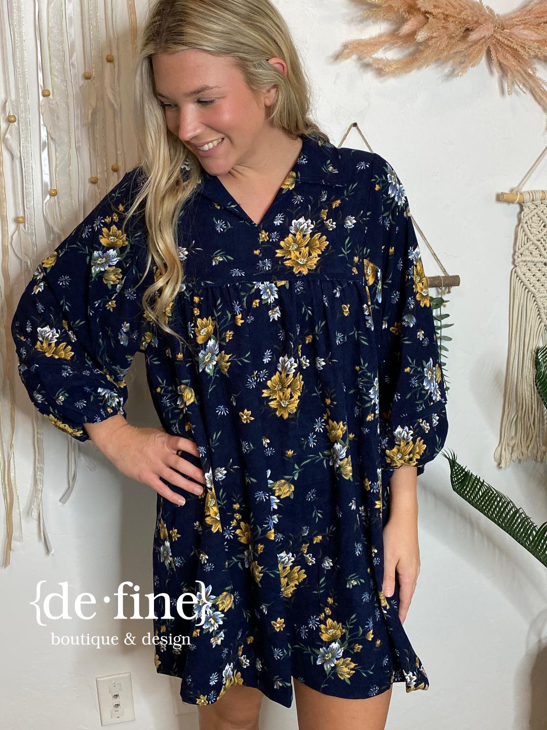 Navy Corduroy Dress with Yellow Flowers