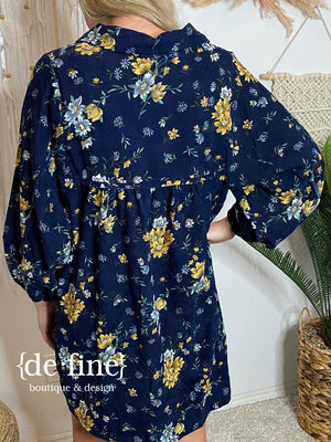 Navy Corduroy Dress with Yellow Flowers