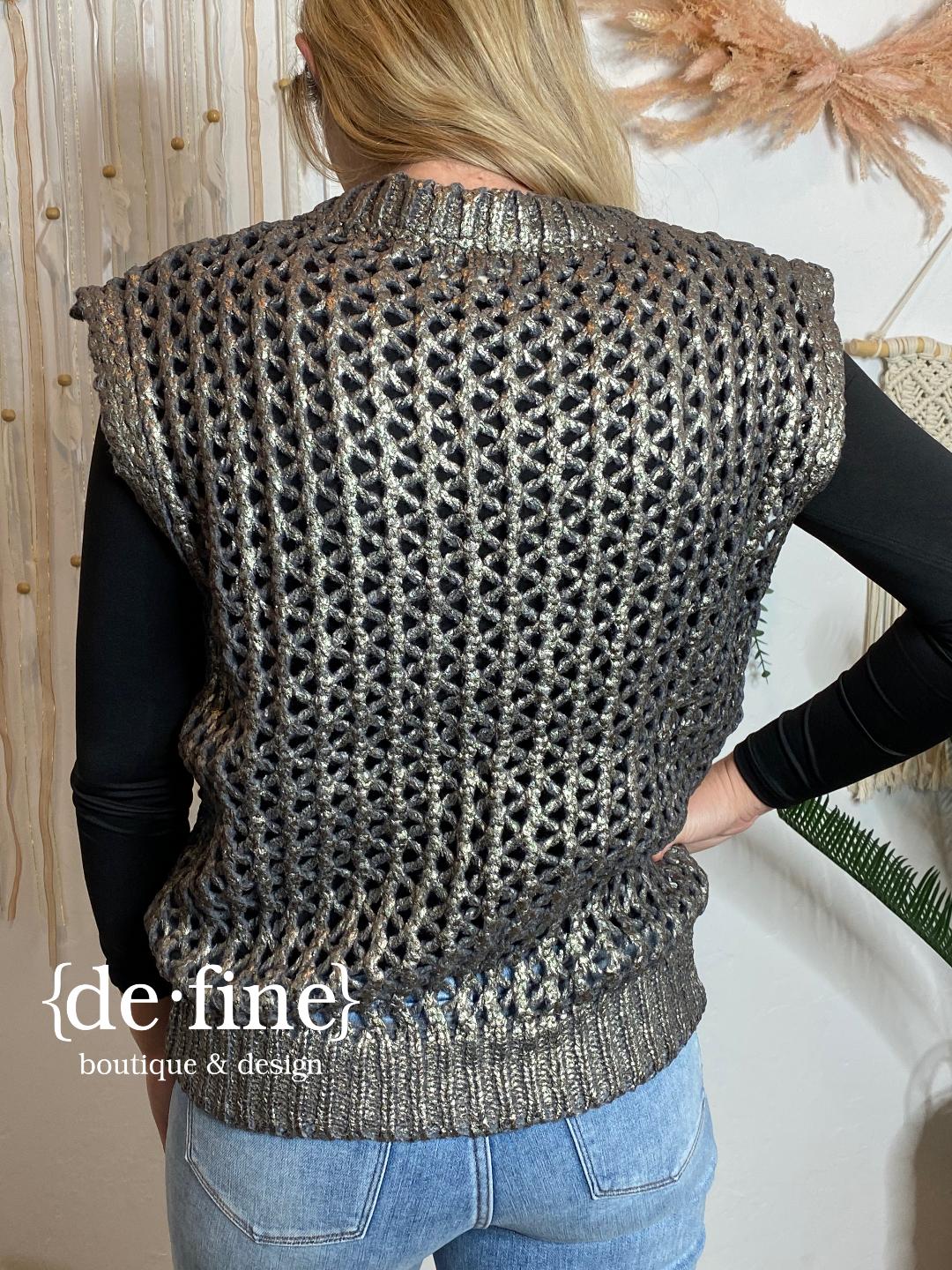 Gunmetal Metallic Short Sleeve Sweater