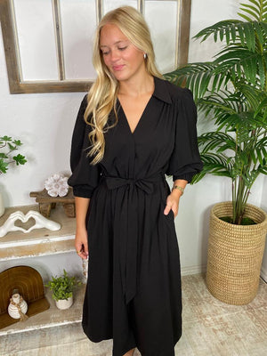 Black or Rouge Button Down Midi Dress
