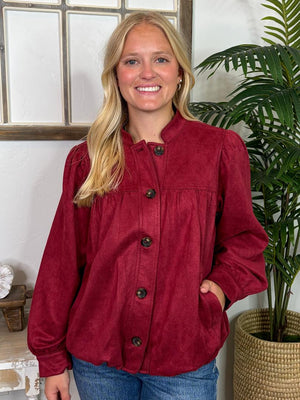 Wine Suede Puff Sleeve Bubble Jacket with Pockets