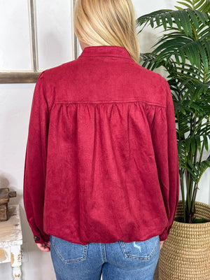 Wine Suede Puff Sleeve Bubble Jacket with Pockets