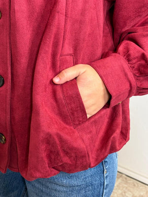 Wine Suede Puff Sleeve Bubble Jacket with Pockets