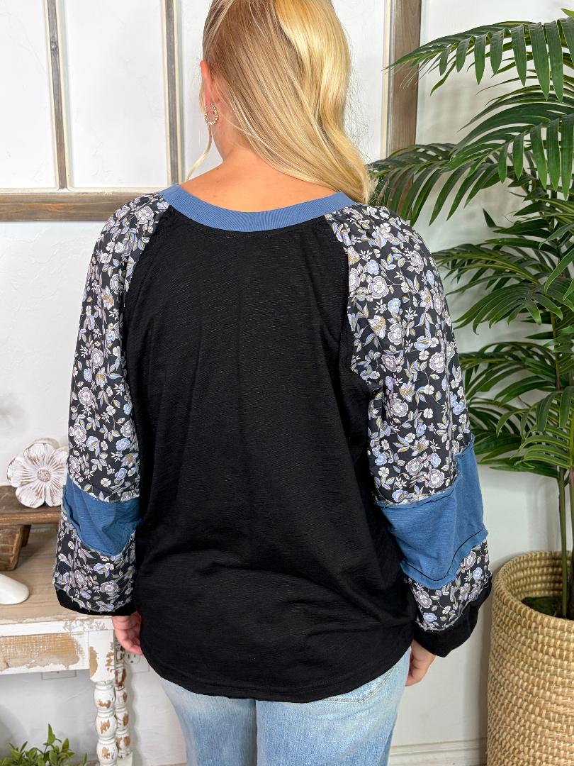 Black Top with Blue Mix Sleeves