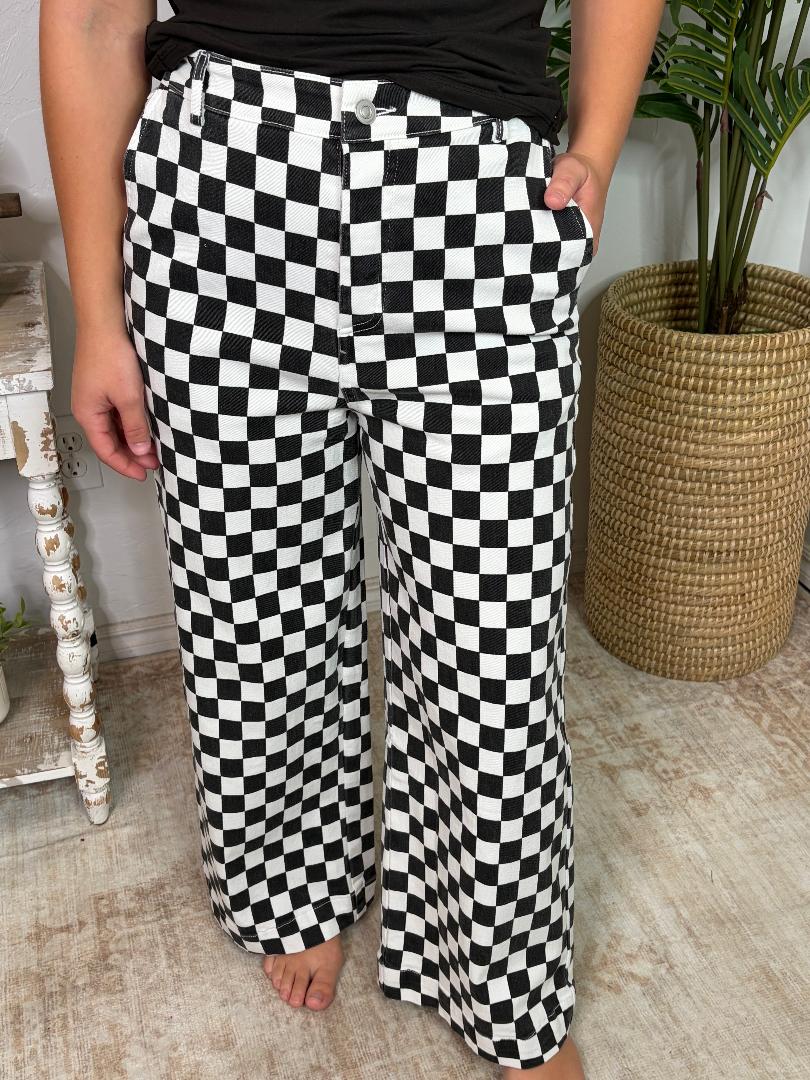 Black and White Checker Washed Pants with Elastic Waist