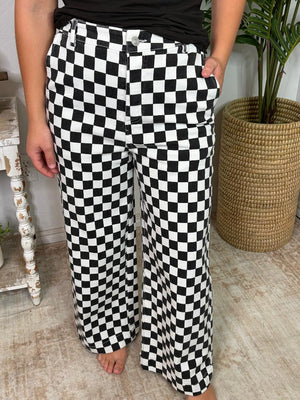 Black and White Checker Washed Pants with Elastic Waist