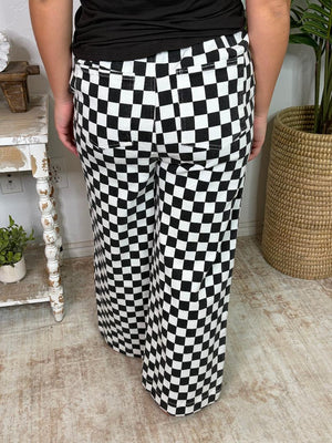 Black and White Checker Washed Pants with Elastic Waist