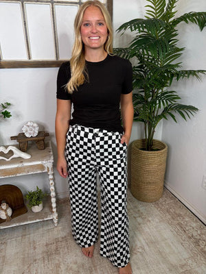 Black and White Checker Washed Pants with Elastic Waist