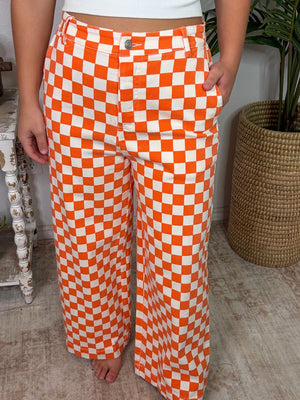 Orange and White Checker Washed Pants with Elastic Waist