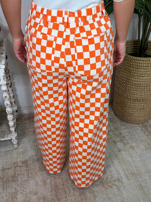 Orange and White Checker Washed Pants with Elastic Waist